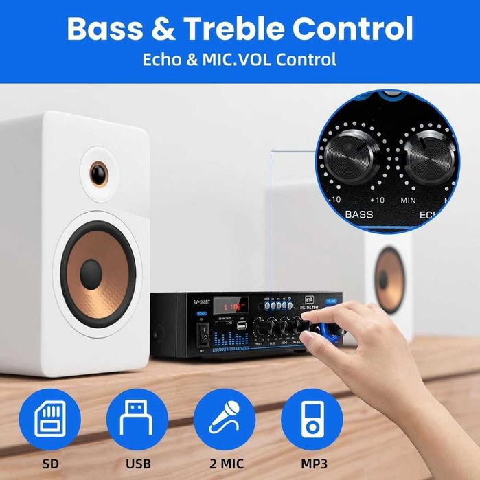 Amplificator Hi-Fi 1000W BT 5.0 cu radio FM și intrare USB – Portabil