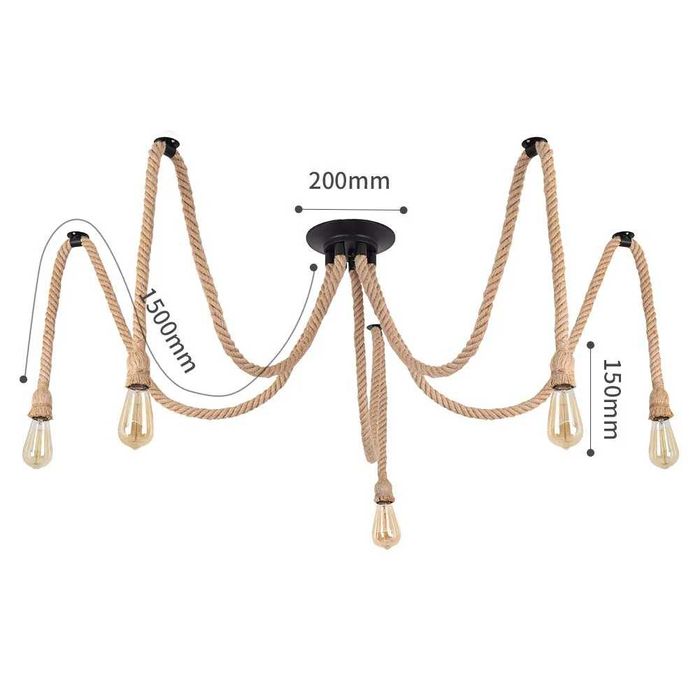 Candelabru industrial din funie de cânepă retro cu 5 brate