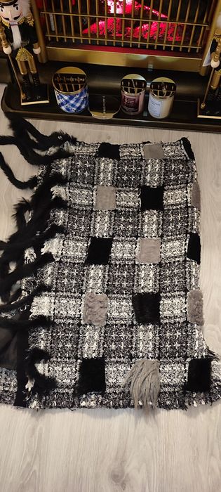 Fustă maxi din tweed patchwork, groasa, handmade, gri-negru cu detalii