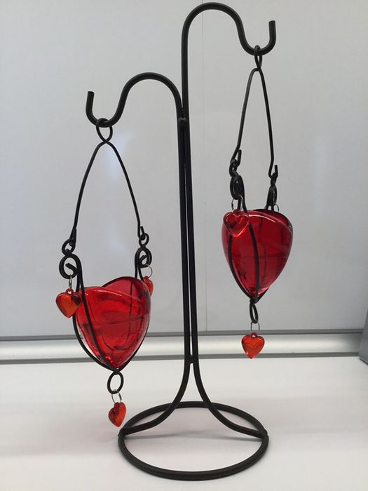 Suport lumanari tip tableta / sfesnic metal cu 2 inimioare sticla