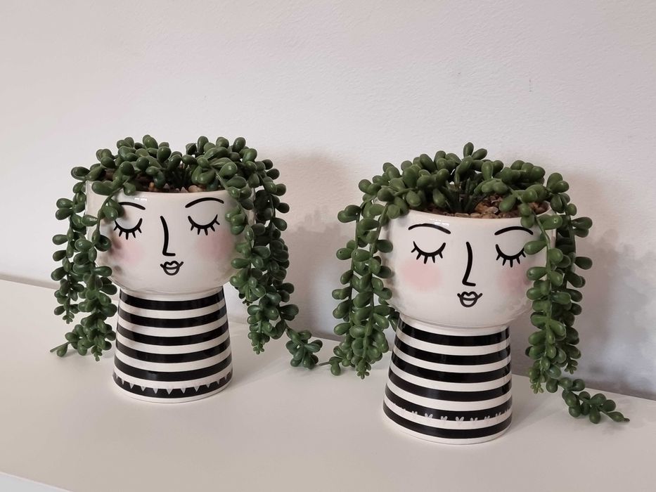 Set 2 decoratiuni portelan cu plante artificiale, 15 cm