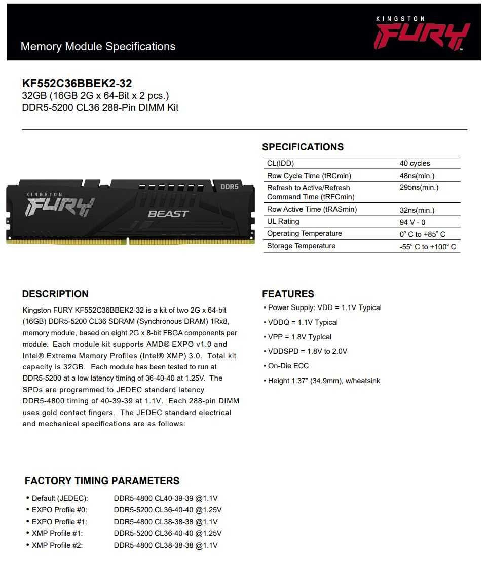 Kingston Fury Beast 16GB DDR5 5200 KF552C36BBEK2