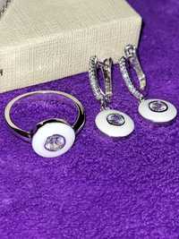 Комплект серебро кольцо серьги
