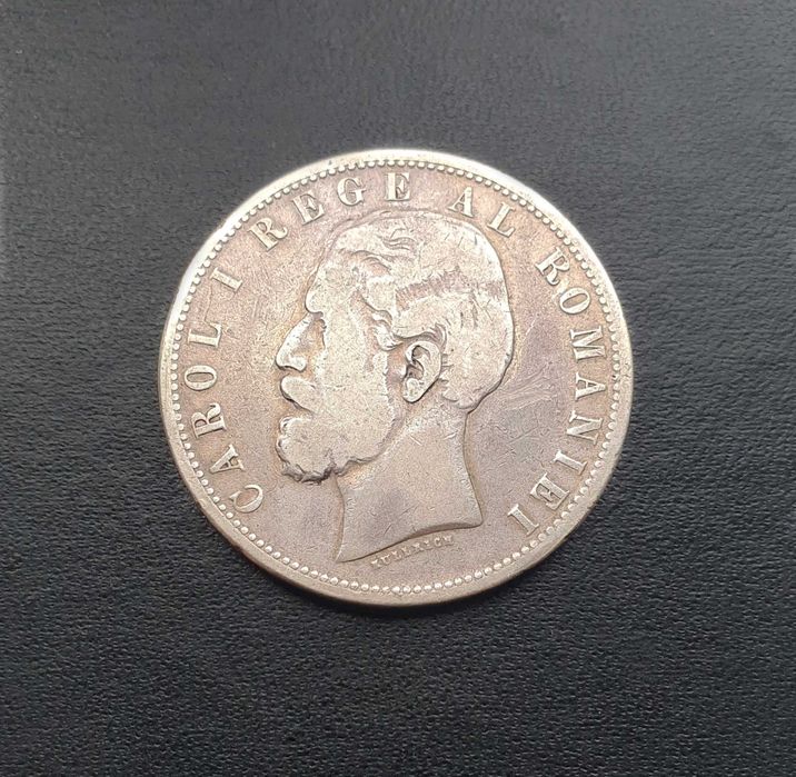 Moneda 5 lei 1881 argint, variante rege, stema mare, 6 stele, mai rara