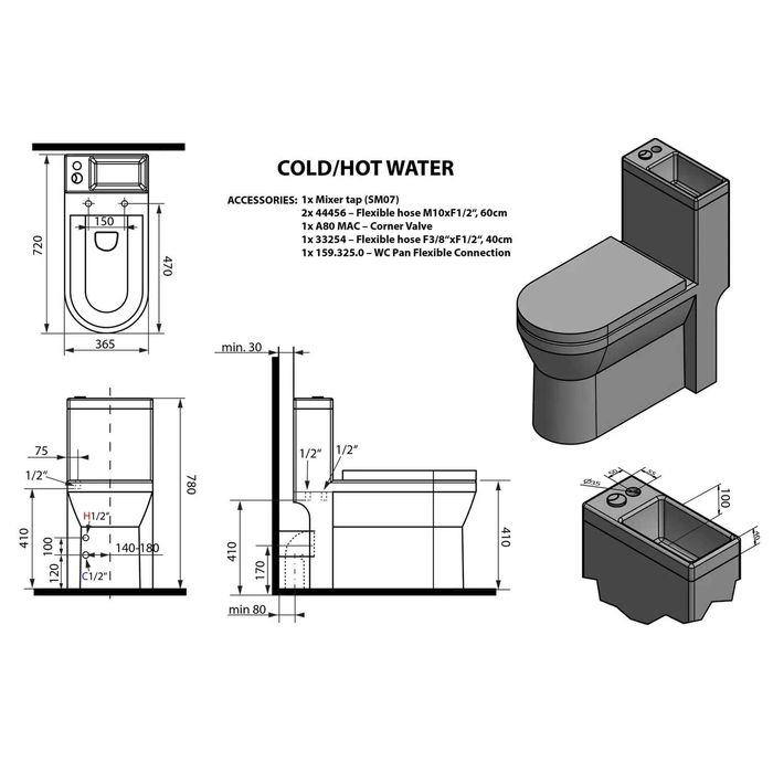 Aqualine HYGIE - WC monobloc cu lavoar mic, DualFlush, alb PB104W