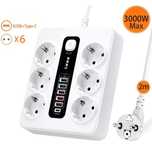 Разклонител, 6 контакт, 5 бр. USB, 1 бр. C конектор, 220V, 3000W, 10A