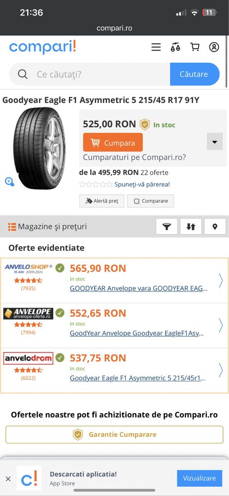 4 cauciucuri vara 215/45/17 goodyear f1