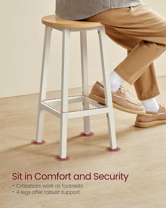 Set 2 scaune de bar Songmics, cadru metalic alb, sezut stejar