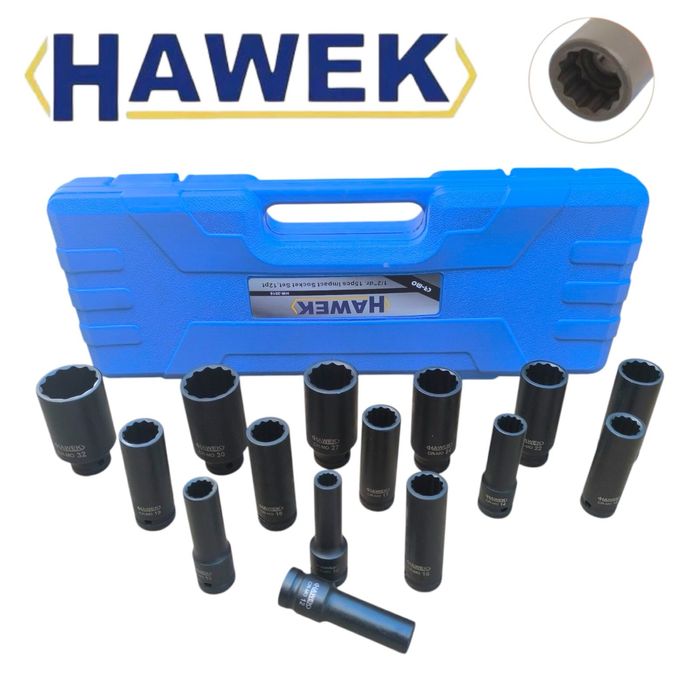 Комплект Ударни Вложки 1/2″ УДЪЛЖЕНИ 12стенни , 15 ЧАСТИ HAWEK
