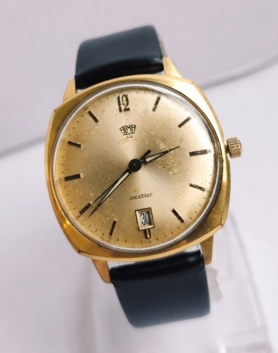 Ceas bărbătesc Alma 14 mecanic, 17 Rubine, din anii 1960, inox cu dată