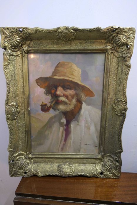 Samuel Bogdanovici Batran cu Pipa Semnat - Rama lemn + Sticla 60/40cm