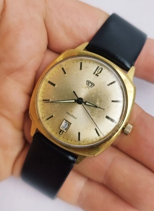 Ceas bărbătesc Alma 14 mecanic, 17 Rubine, din anii 1960, inox cu dată