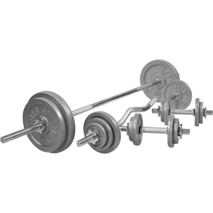 Banca multifunctionala alba + set greutati fonta, 108 kg