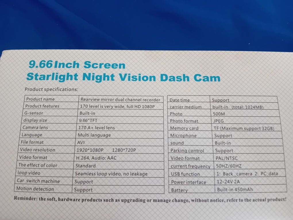 Vând night vision dash cam 9.66 inch starlight