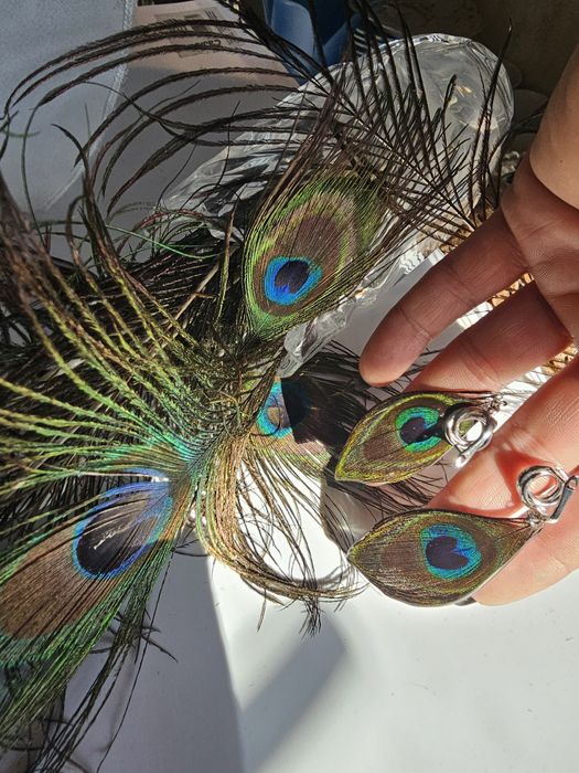 Ръчно изработени, регулируеми гривна и пръстен и обеци с паунови пера,