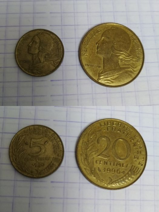 Французские сантимы 2 шт и кувейтский динар