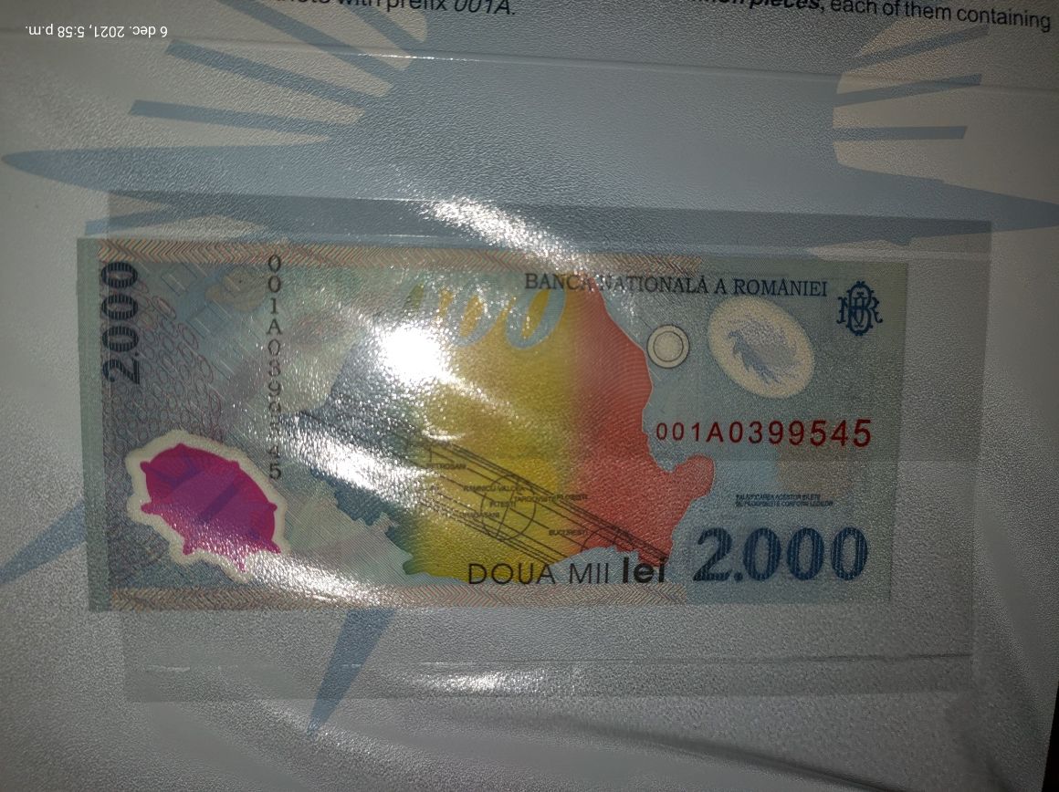 Bancnota eclipsa 2000 lei necirculata UNC serii consecitive 001A0