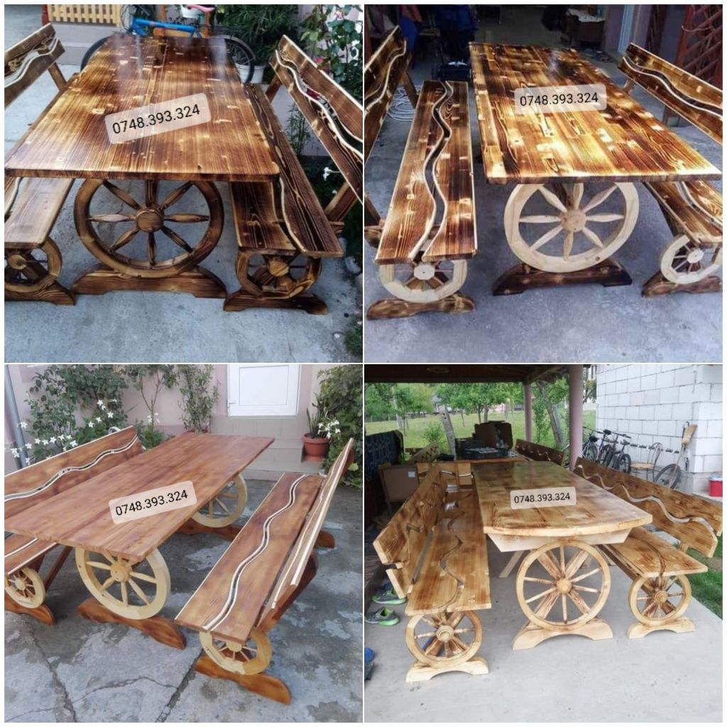 Set masa cu băncuțe scaune lemn masiv  terasa foișor