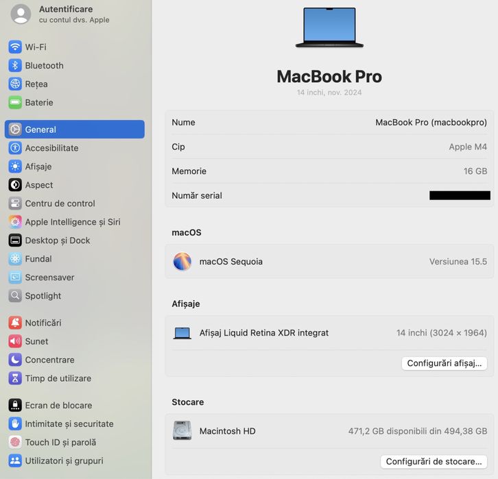 MacBook Pro 14-inch/ M4 / 16 Gb RAM / 512 Gb / Space Black/ Foarte bun