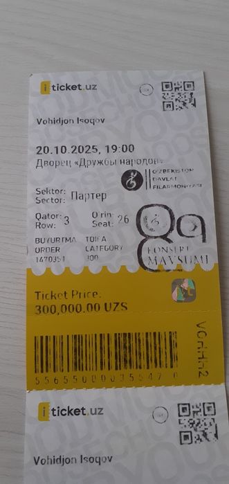Vohidjon Isoqov konsertiga 2ta bilet (srocna)(bugunga)