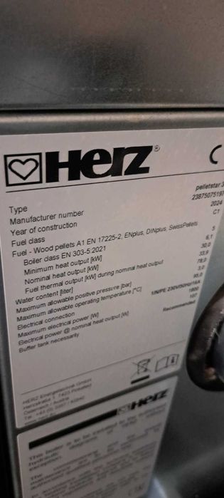 Котел на пелети ,,Herz"30 kw в комплект с бункер.Произведен: 2024г.