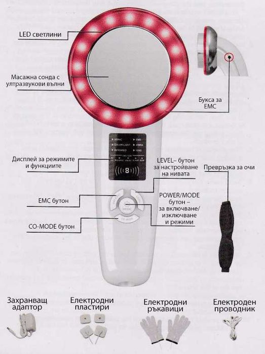 Масажор за лице/тяло 6 в 1 EMS функции, ултразвук, фотон, йони