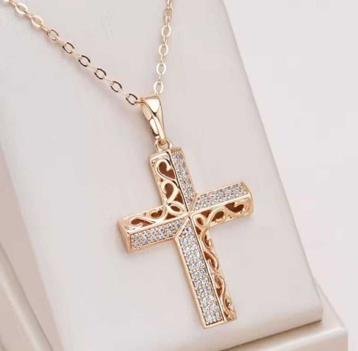 GPP6, set placat aur 14k, nou/marcat, lant+cruce zirconiu alb,superb