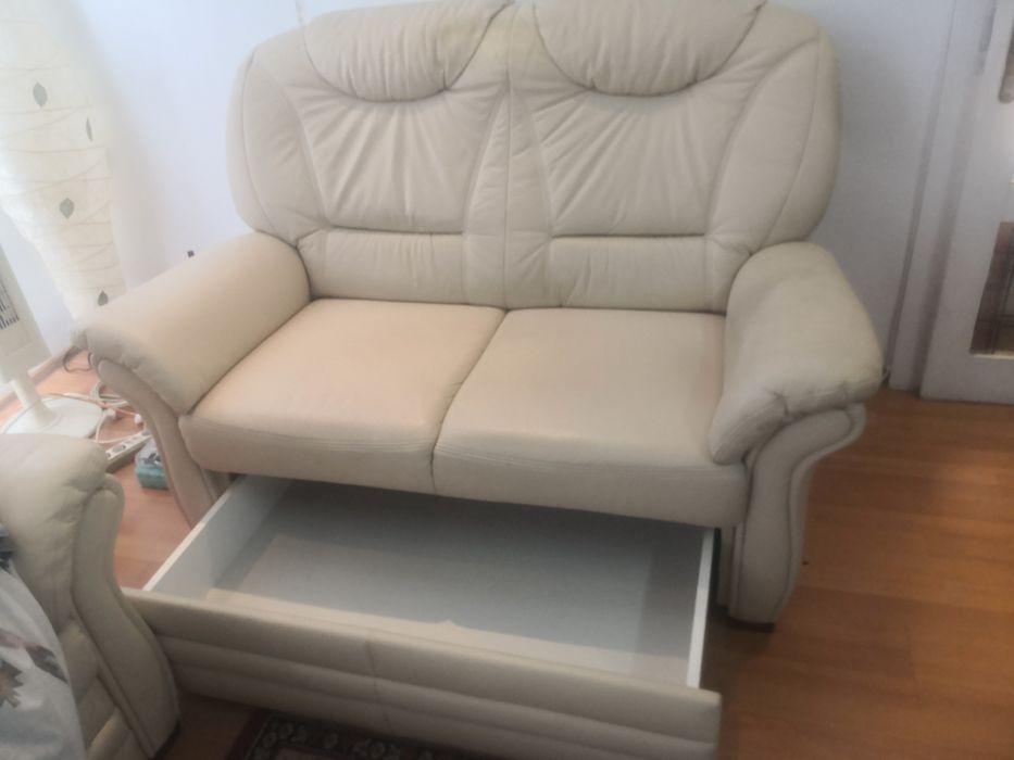 Fotoliu de 2 pers. din piele natural cu lada