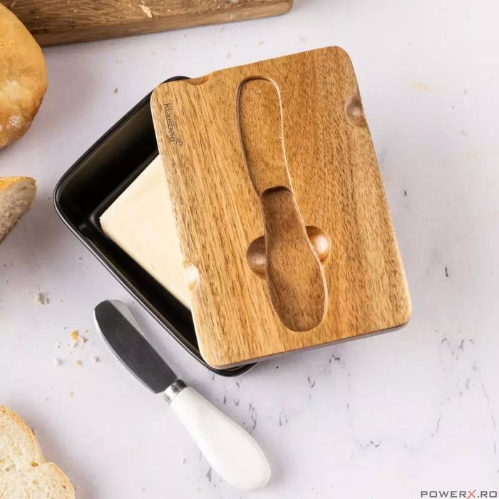 Cutie pentru unt din ceramica, untiera, neagra, cu capac din lemn de