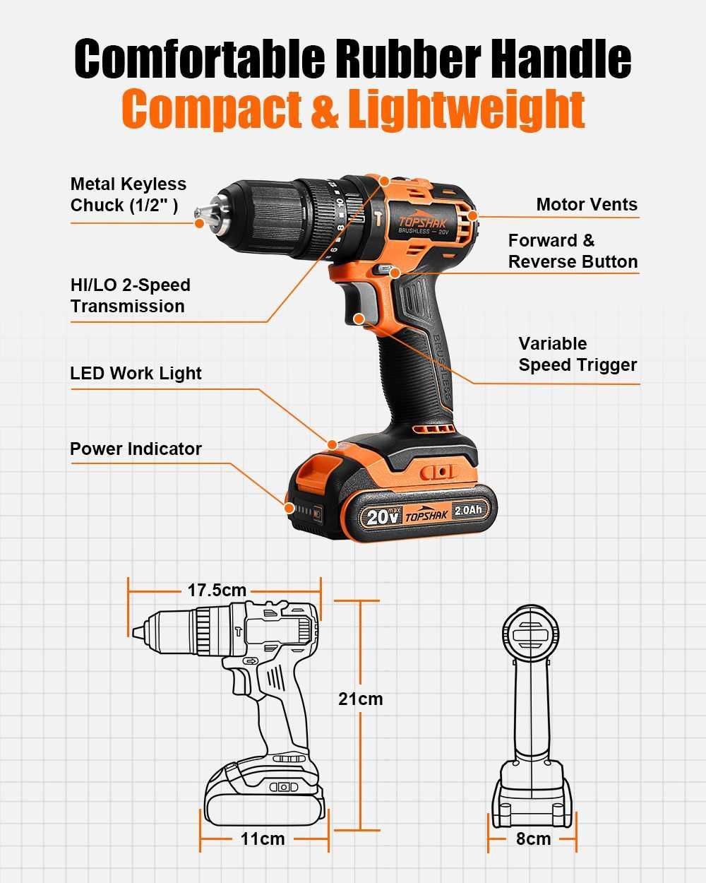 TOPSHAK TS-ED5 20V 13мм - Винтоверт с безчетков мотор