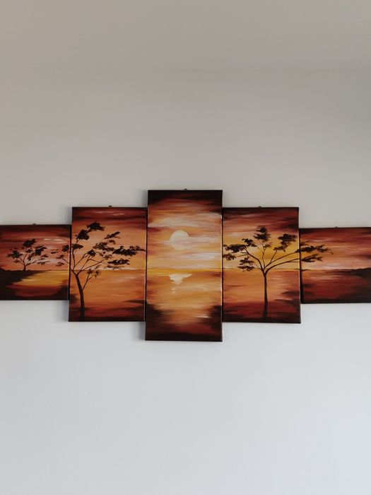 Tablou 5 piese pictat manual Apus în Africa