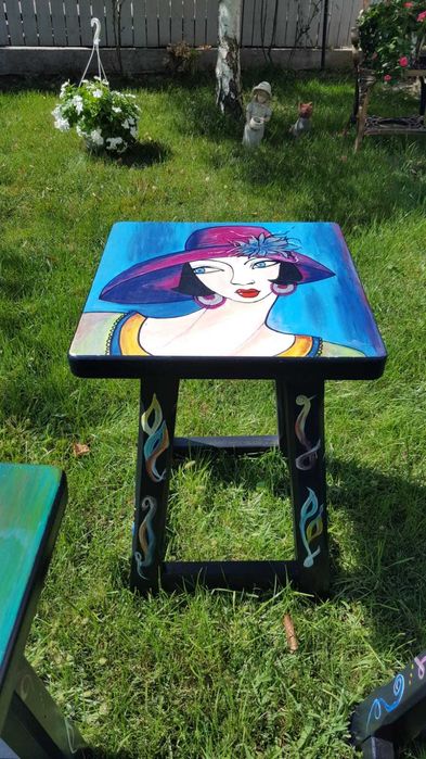 Mobila, SET 4 SCAUNE LEMN ESENTA TARE, pentru gradina, pictate artist