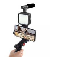 Kit set pentru vloguri cu microfon lampa led trepied si suport telefon