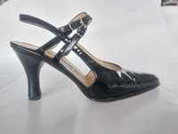 Sandale negre din piele naturala lacuita, marimea 36, toc 6 cm