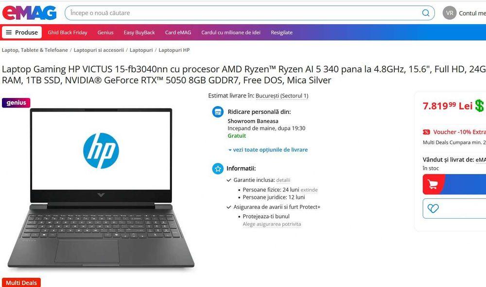 Gaming HP VICTUS 2025 Ryzen AI 5 340 16GB 512SSD RTX5050 sigilat cutie