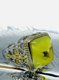 Масивен сребърен пръстен с Балтийски кехлибар и запазен в него паяк.