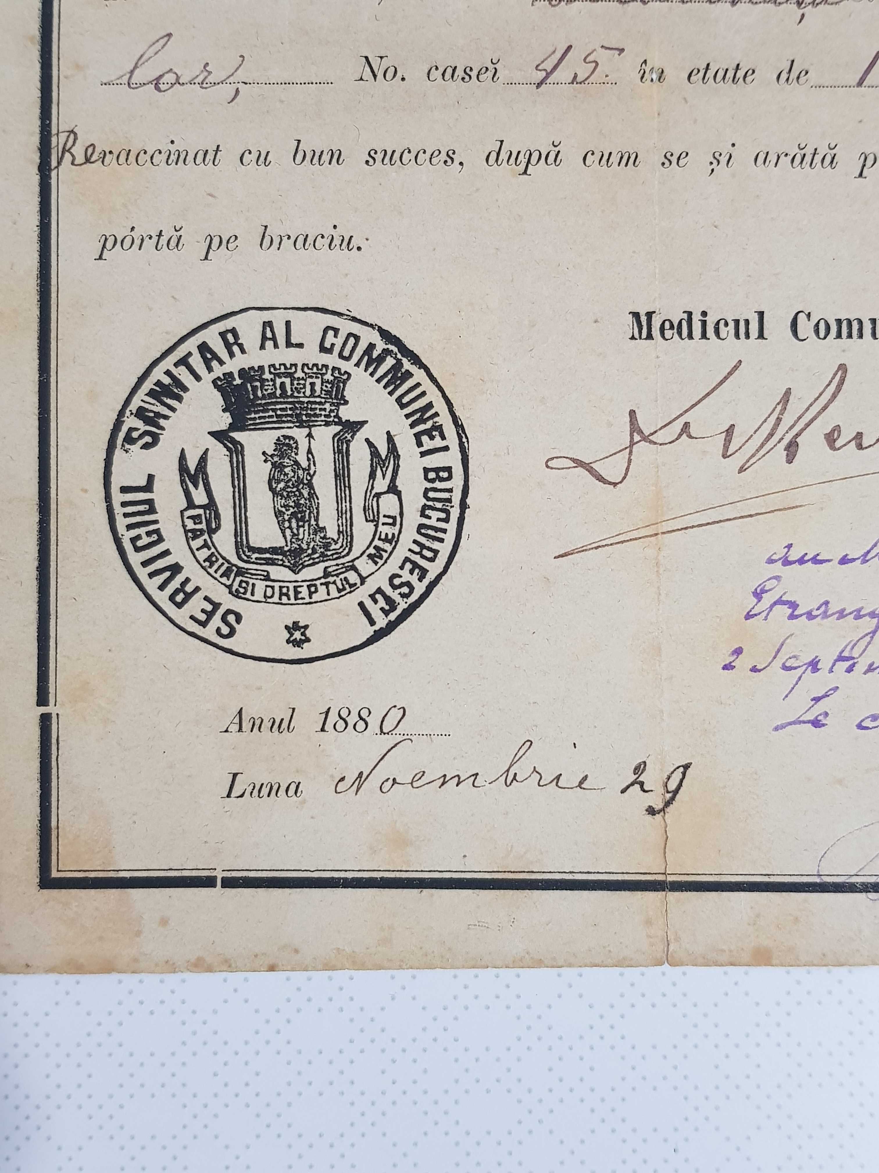 Bilet de vaccinare 1880 comuna Bucuresci