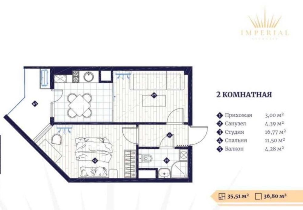Алайский Новостройка ЖК Imperial Club City 2 комнатная 12 этаж, 37м2