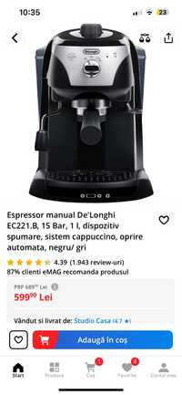 Espressor manual De'Longhidispozitiv spumare, sistem cappuccino