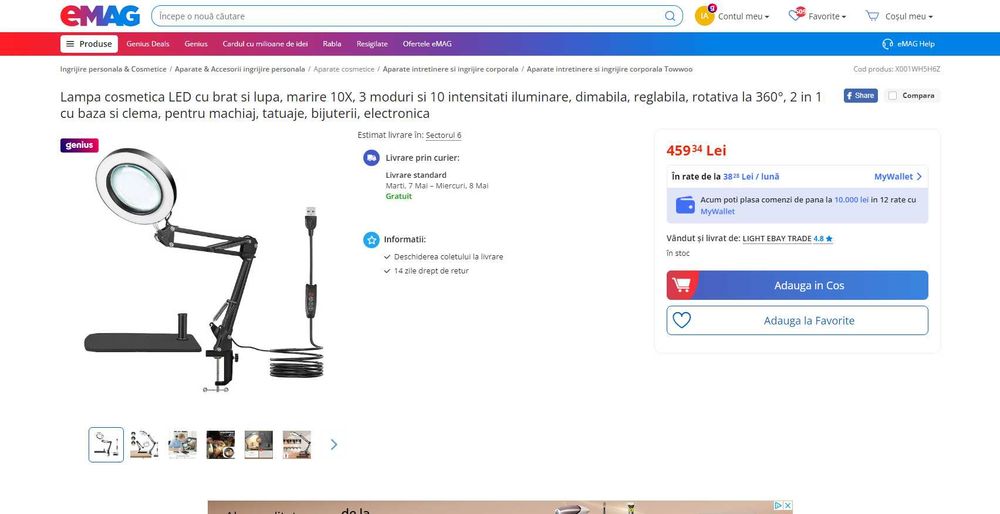 Lampa cosmetica LED cu brat + lupa, marire 5X-10X, REDUS de la 460RON