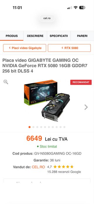 Vand placa video Rx5080 Gigabyte Oc Gaming noua