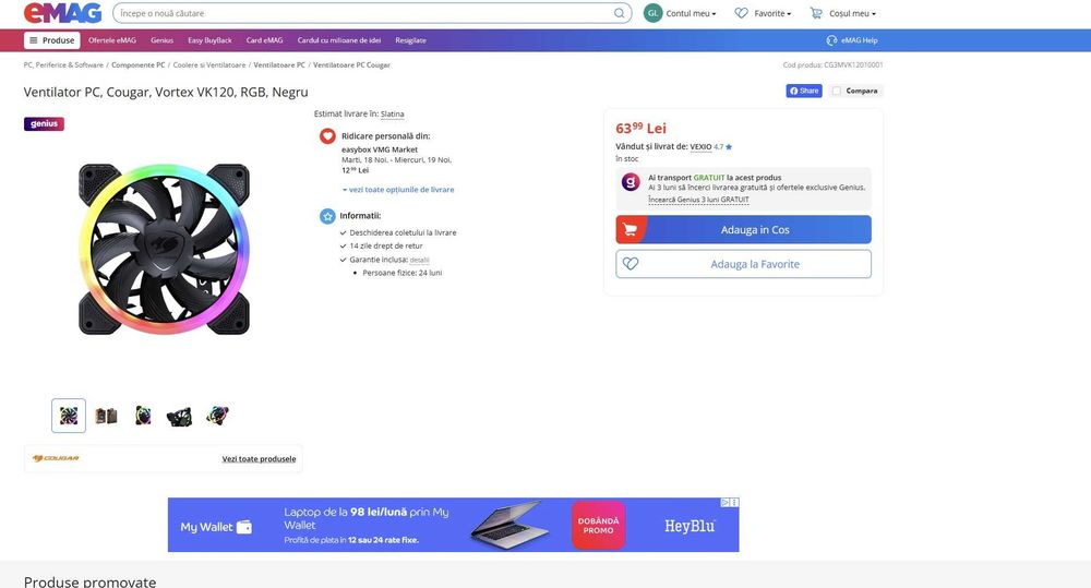 2 Ventilatoare PC, Cougar, Vortex VK120, RGB, Negru