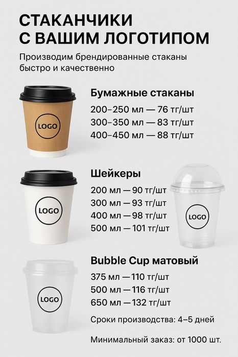 Стаканчики с вашим логотипом для кофеен г Астана производство