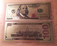 Лот от 5 бр. 100 долара-позлатени,сувенирни,пластични,релефни банкноти