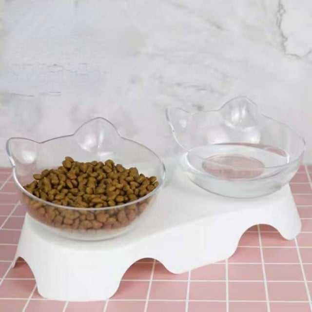 Set de 2 bucati Bol dublu apa-hrana pentru pisici, , Polipropilena,Alb