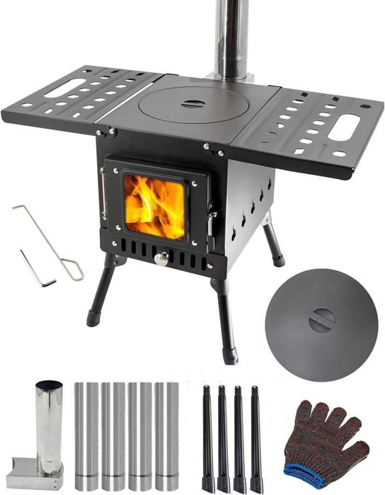 Încălzitor cu plită pe lemne din oțel – sobă camping cu burlan de cort