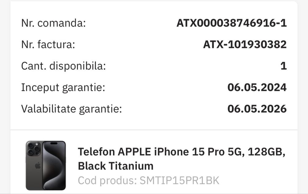 Iphone 15 Pro - Garantie + Factura Altex