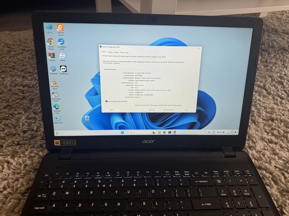 Laptop Acer i5 gen 5 , 12 gb ram , 480 gb SSD , video 2 gb
