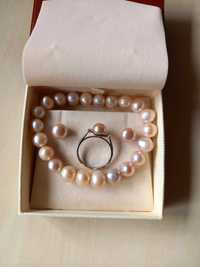 YUNO pearls-Комплект розови перли/ гривна, обеци и сребърен пръстен/.