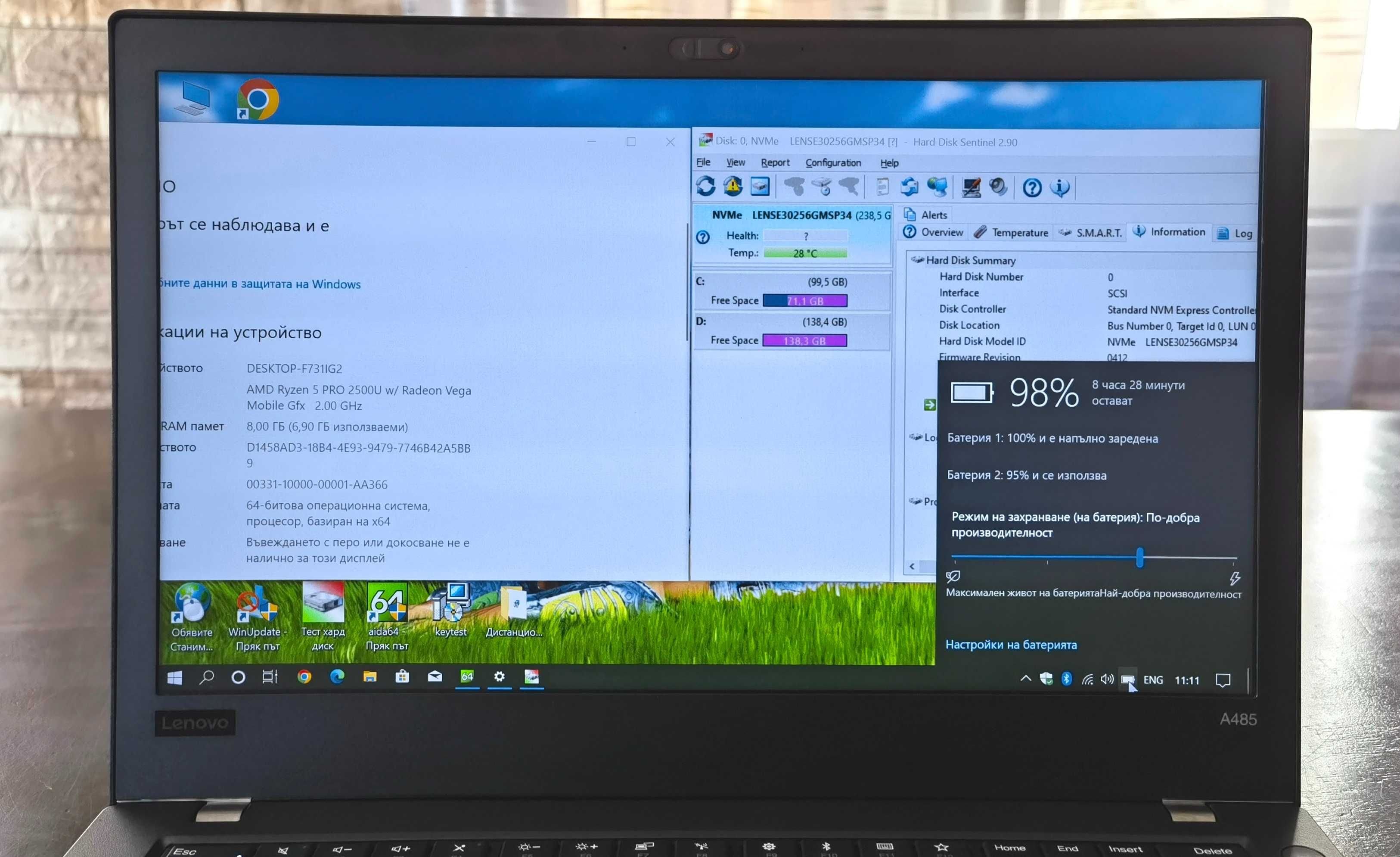 Гаранционен Lenovo ThinkPad A485/IPSматFHDсKам/8x2ghzThr/ssd256/8gb/8ч